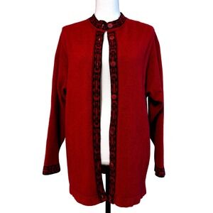Merino Possum Wool New Zealand Red‎ Geometric Button Front Cardigan Sweater M